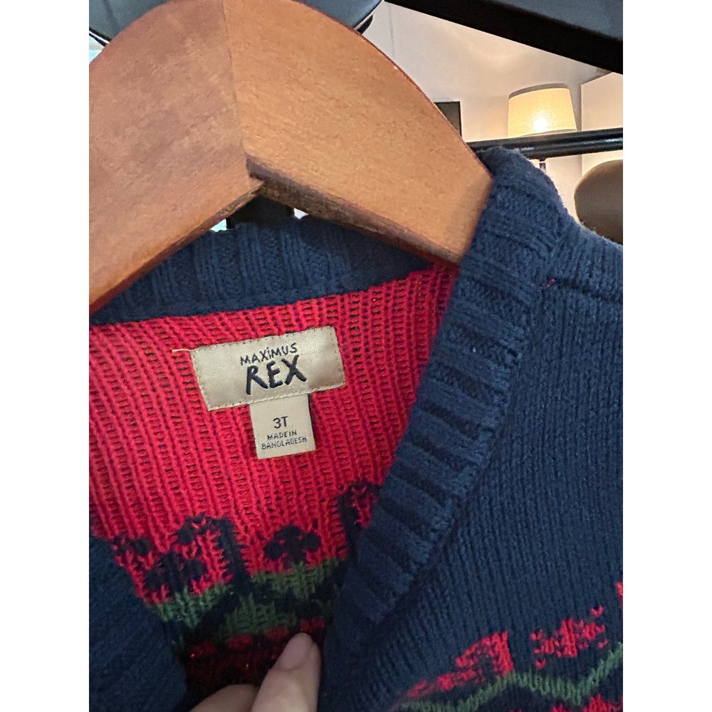 Maximus Rex Boys 3T Navy Blue Dinosaur Fair Isle Holiday Christmas Knit Sweater - Picture 4 of 4